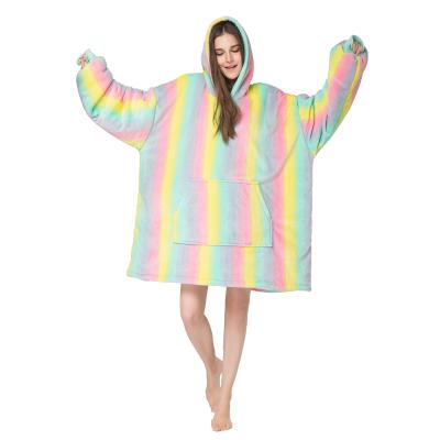 China Rainbow Windproof Pattern Wearable Blanket For Adult Hoodie Flannel Giant Blanket Blanket With Sleeves And Giant Pocket for sale