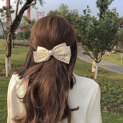 China 2021 Fashionable Korean girls lace silk hair barrettes elegant hair clips ponytail bow clips hair accessory for sale