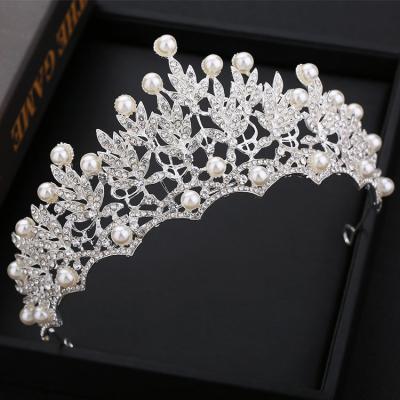 China Korea Luxury Elegant Alloy Pageant Tiara Birthday Party Handmade Wedding Rhinestone Pearl Bridal Crowns for sale