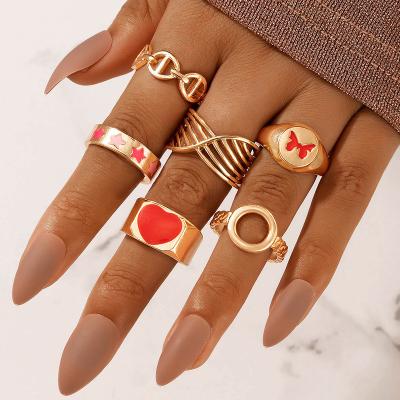 China BOHEMIA 6 Pcs/Set Fashion Gold Filled Stainless Steel Rings For Women Red Butterfly Heart Party Rings Jewelry for sale