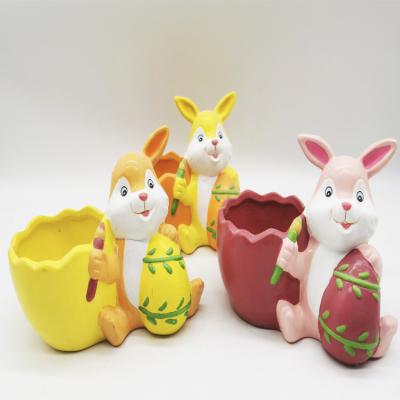 China Mini Cute Cartoon Easter Bunny Ceramic Flower Pot Small Animal Antique for Kid Planter Indoor Outdoor Wholesale Potted Green Porcelain for sale