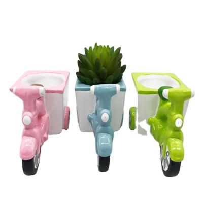 China Cartoon Small Pots Flower Pot Ceramic Ball Around White Porcelain Color Mini Creative Motorcycle Autobike For Boy Dolomite for sale