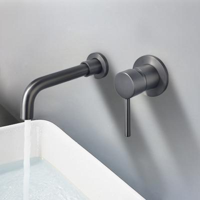 China Thermostatic Faucets Gray Black Stainless Steel Dual Holes Tapware Shape Wall Mounted Bibcock 360 Degree Rotation Bathroom Basin Sink Mixer Taps for sale