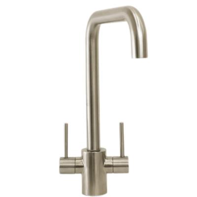 China Thermostatic Faucets Turning Kitchen Faucet Hot And Cold Dual Handle Dual Levers Round Body 304 Stainless Steel Swan Spout Sink Faucet for sale