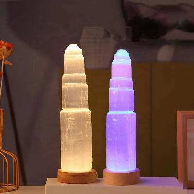 China China Wholesale Natural Crystal Tower Lamp Crystal Crafts Healing Stones Selenite Tower Selenite Lamp For Home Decor for sale