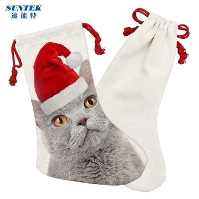 China Christmas Theme Customized Blank Christmas Canvas Socks DIY Sublimation Drawstring Decoration for sale