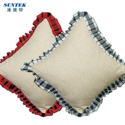 China PORTABLE Xmas Sublimation Blank Burlap Plaid Ruffled Pillow Case for sale