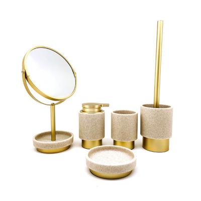 China High Quality Viable Five Piece Metal Polyresin Soap Dispenser Gold Sandstone Bathroom Accessory Set for sale