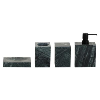 China Real Natural Stone Marble Viable 4pcs Bathroom Accessories Set Indian Square Shape Green Color Lotion Pump Tumbler Marble Soap Dish for sale