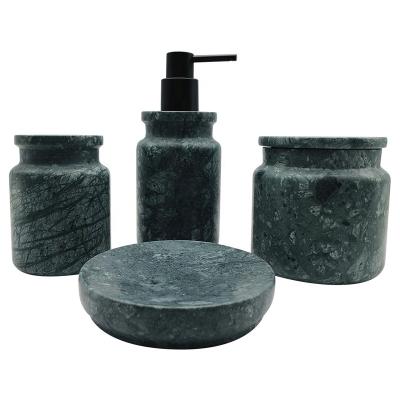 China Sustainable Luxury Marble Natural Stone Bathroom Accessories Set Vintage Marble Green Round Lotion Pump Tumbler Soap Dish Cotton Pot for sale