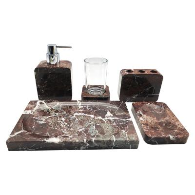 China Viable Luxury Marble Bathroom Accessories 6pcs Set Lotion Pump Tumbler Soap Dish Accessories Purple Marble Tray for sale