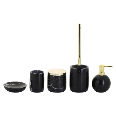 China 5pcs Viable Luxury Marble Black Stone Bathroom Accessories Set Black Ball Shape Marble Lotion Pump Tumbler Soap Dish Cotton Pot for sale