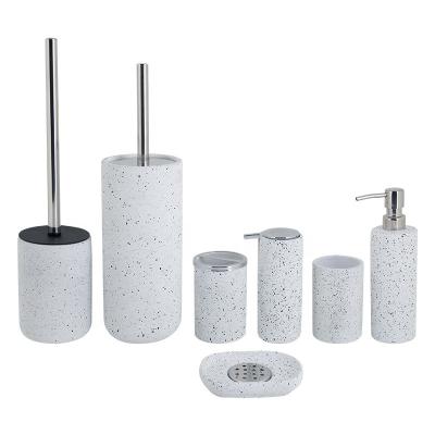 China Sustainable 7pcs Bathroom Ceramic Accessories Set White Color Stoneware Bath Countertops With Stain Sand Dots Soft Touch Coating for sale