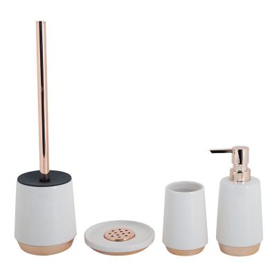 China 4pcs Bathroom Accessories Set Stoneware Bath Countertop Lotion Pump Tumbler Soap Dish Sustainable Ceramic Raindrop Style Mounted Gold Base for sale