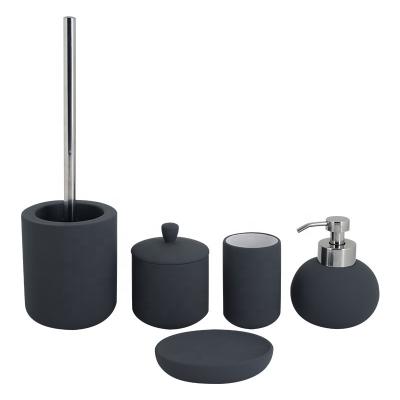 China Sustainable 5pcs Stoneware Bathroom Accessories Set Soft Touch Black Ceramic Bath Lotion Pump Tumbler Soap Dish Cotton Pot Foaming Bowl Brus for sale