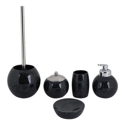 China Viable 5pcs Ceramic Bathroom Accessories Set Black Color Stoneware Bath Countertops With Spot Sand Dots Lotion Pump Tumbler Soap Dish for sale