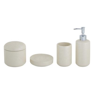 China Sustainable 4pcs Ceramic Bathroom Accessories Set Cream Beige Color Sandstone Bath Countertops Lotion Pump Tumbler With Mini Controller for sale