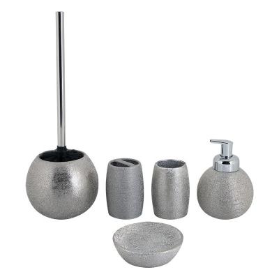 China Viable 5pcs Ceramic Bathroom Accessories Set Silver Dish Stoneware Bath Countertop With Shrink Dots Lotion Pump Tumbler Soap Tray for sale