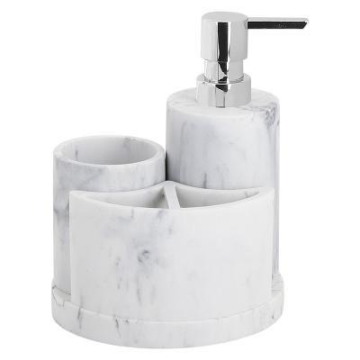 China Sustainable 3pcs Bathroom Kit Sand Stone Made 3pcs Bathroom Set Marble Print 2023 Best Selling Include Lotion Pump Tumbler Toothbrush Tray for sale