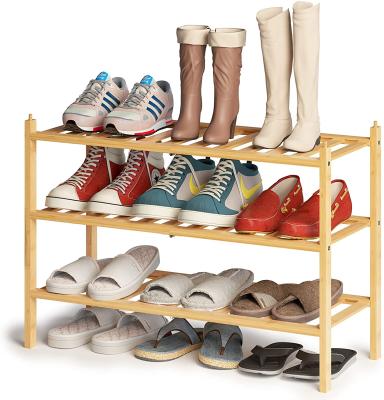 China 3 Tier Household Bamboo Shoe Rack Stackable Multi-Function Single Multi-Layer Shoe Cabinet Rack Bamboo Shoe Rack for sale