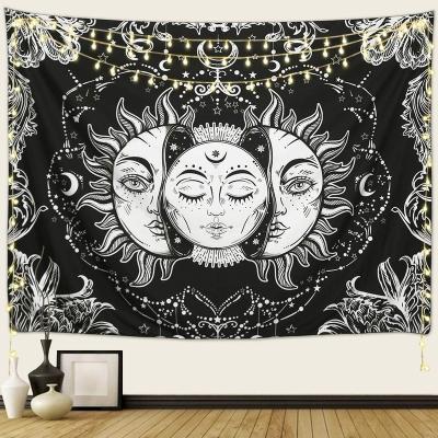 China Hollywood Fascinating Sun and Moon Tapestry, Burning Sun with Stars Psychedelic Popular Mystical Tapestry Black and White Beach Blanket for sale