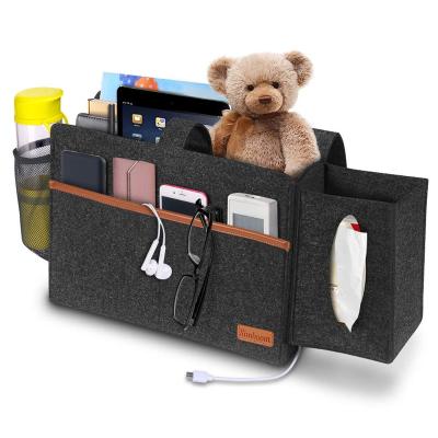 China New Viable Organizer Hanging Bag Holder Felt Bed Storage Bedside Cart with 5 Pockets Magazine Book Phone Shelf for Home Dorm Bed Sofa for sale