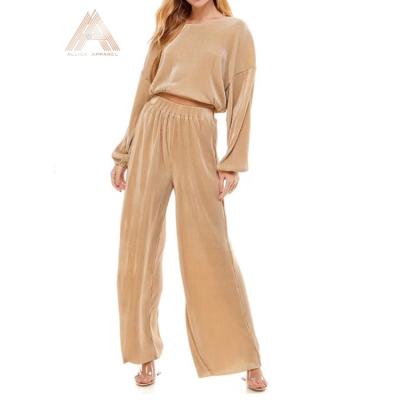 China Soft/Hand Wash/Clean Dry/Breathable Beige/ALLICA Stretch/WineRed Women Pleated Crop Blouse And Wide Leg Pants Jogger Set for sale