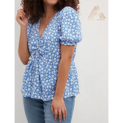 China ALLICA Flower Print Soft/Washable/Breathable V-Neck Ruched Front Top Blouses Blue Women Sweet Shirts Tops Apparel Wholesale for sale