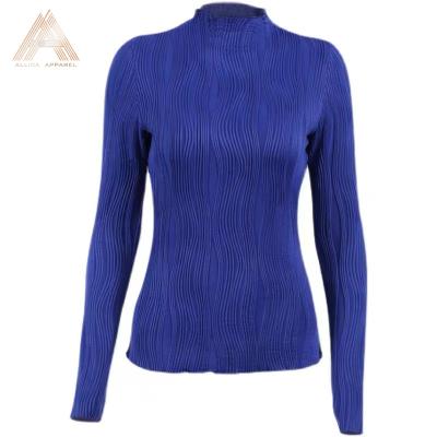 China Soft/Hand Wash/Breathable/Stretch Pleated ALLICA Knit Casual Bodycon Long Sleeve Stitch T Shirts Chic Women Tank Top Blue Turtle Neck Tops Womens T-shirt for sale