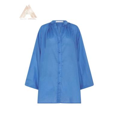 China Soft / Hand Wash / Breathable ALLICA Woman Plain Blue Cotton Long Sleeve Smocked Shirt Dress Loose Oversized Casual Wear for sale