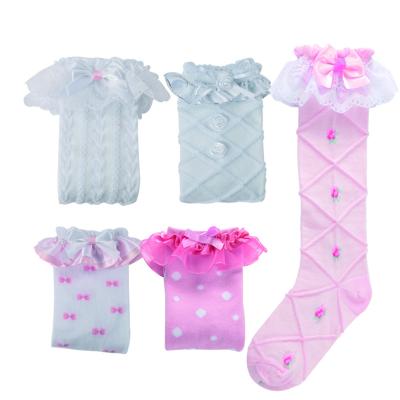 China Long Tube Lace Ornament Socks Supplier Produced 70% Polyestering Fashion Cute Kids Long Tube Lace Up Decorative Socks for sale