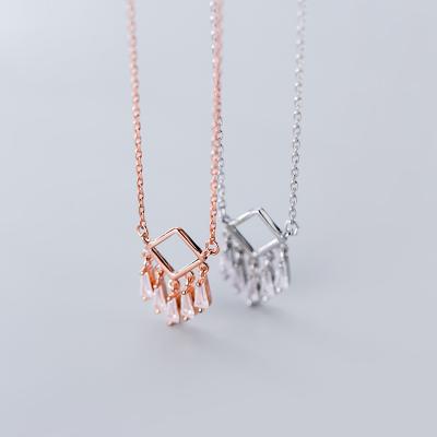 China Fashion 925 Sterling Silver Environmental Friendly Geometric Square Crystal Tassel Pendant Necklaces Jewelry for sale