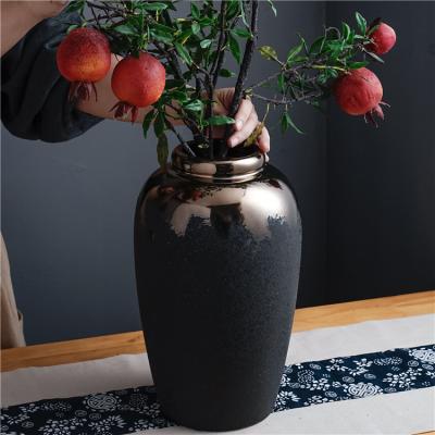 China Minimalist Nordic Handmade Vases Ornaments Open Gift Flower Vase Matte Black Ceramic Vase For Home Decoration for sale