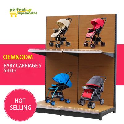 China Single Sided Fast Delivery 2 Layers Supermarket Wood Shelf Custom Size For Baby Carriage Display for sale