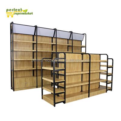 China Single Sided Metal Shelf Supermarket Display Rack Wooden Wall Shelf Used For Store Fittings With Display Light for sale