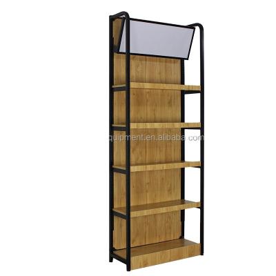 China OEM Single Sided Metal Frame Wood Panel Shelf Shop Display Supermarket Storage Rack Shelves for sale