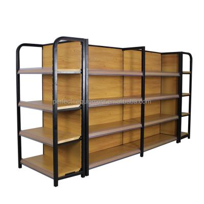 China High Quality Custom Single Sided 5 Layers Heavy Duty Supermarket Four-Hier Supermarket Rack Display Wooden Supermarket Shelves With Accessories for sale