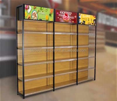 China New Design Metal Frame Wood Grain Double Panel Single Sided Single Sided Gondola Supermarket Shelf Single Side Retail for sale