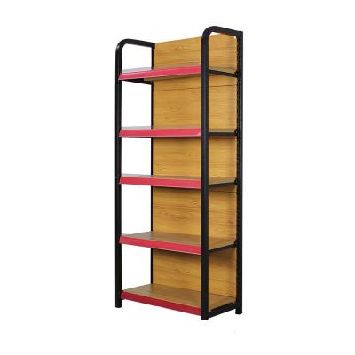 China Single Sided High Quality Custom 5 Layers Wood Panel Supermarket Frame Metal Shops Snacks Display Shelving Rack With Cheap Price for sale