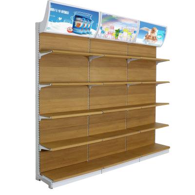 China Retail Single Sided Metal Wood Grain New Product Pharmacy Store Supermarket Display Shelf Rask Gondola Shelving for sale