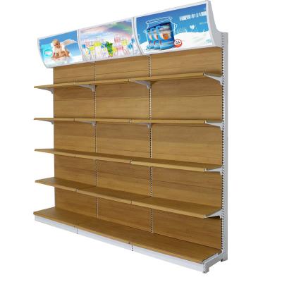 China Wholesale Single-Sided Multi-Layer Wood Panel Grain Factory Store Supermarket Shelf Rask Display Furniture Metal Gondola for sale