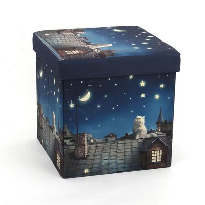 China Customized Blue Star Cartoon Cat Foldable Storage Stool With LED Design For Living Room for sale