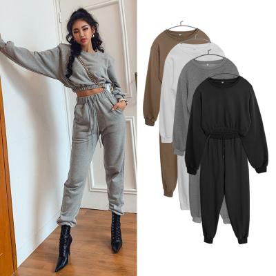 China Women's Breathable Crop Winter Autumn Top Sweatshirt 2pc Sweatsuits And High Waist Sweatpants Solid Color Tracksuit for sale