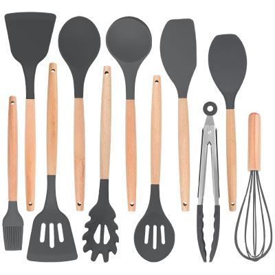 China Wholesale 12pcs USA Viable Utensils Silicone Kitchen Utensil Set With Wooden Handle Silicone Cookware Tools Nylon Cooking Instrument for sale