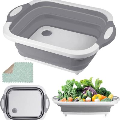 China Newest Viable 2 in 1 Cutting Board with Plastic Folding Tray Kitchen Chopping Board Tool Folding Drain Basket for sale