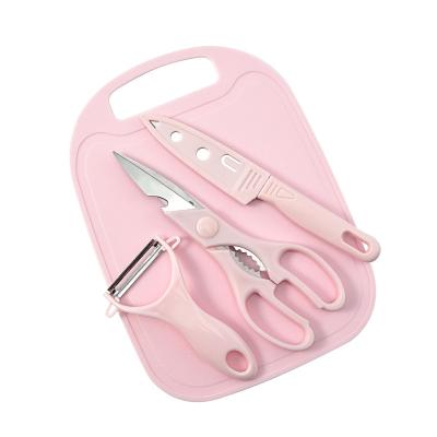 China Sustainable Stainless Steel Fruit Knife Set Plastic Cutting Board Peeler 4 Piece Set for sale