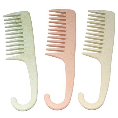 China Cheap Large Tooth Private Label Massage Bath Shower Hook Wheat Plastic Straw Wide Tooth Comb With Hook For Curly Hair for sale