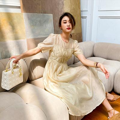 China Anti-Static Comfortable Elegant Short Round Neck Summer Skin Color Waist Casual Dress Tops For Women for sale