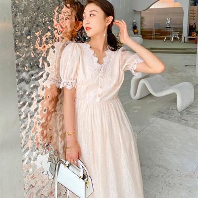 China Anti-static Soft Sister Elegant Summer Dresses V-neck Soft Short Collar Lace Women's Sleeve Chiffon Casual Dresses for sale