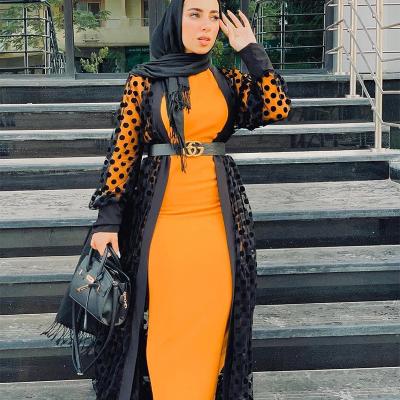 China Ethnic Muslim Black Orange Color Polka Dot Coat Muslim Clothing Women Plus Half Size 2XL 3XL Clothing Wholesalers Sheath Dubai Islamic Clothing for sale